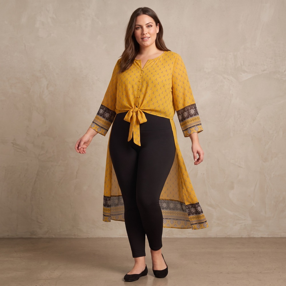 Ashley Stewart Boho Yellow Tie Front Duster Festival Resort Tunic Top 26 28